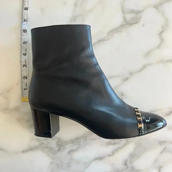 Salvatore Ferragamo | Atri Logo Gold Chain Leather Bootie - Black / Sz 9.5 - Picture 11 of 12